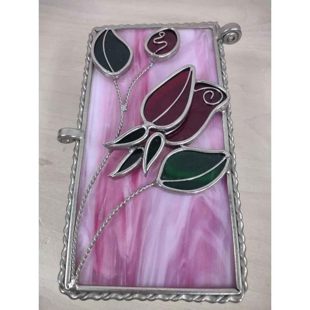 Vtg Stained Pink Slag Glass Jewelry Storage Box Red Roses 3D Lid